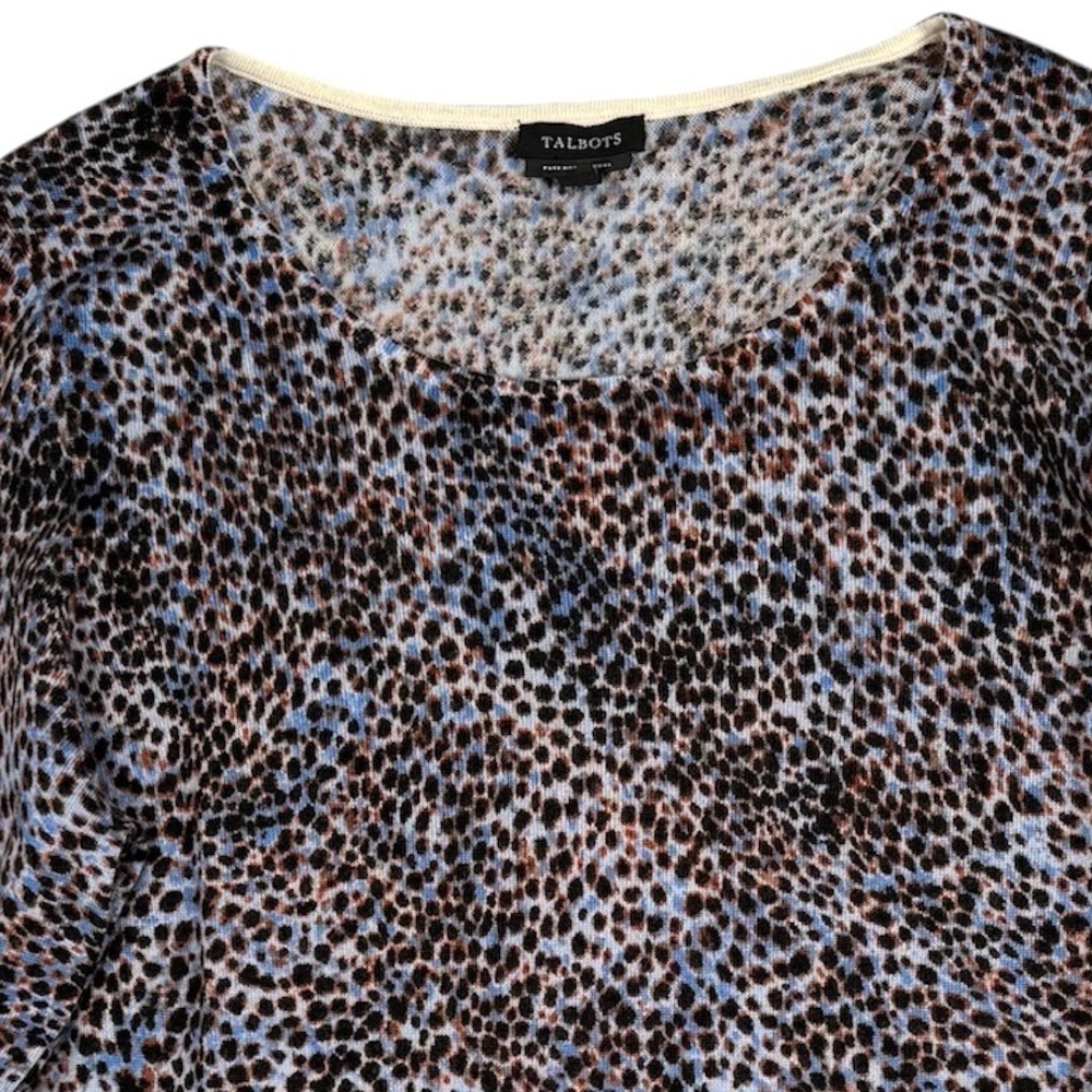 Talbots Sweater‎ Womens Medium Blue Brown Leopard Merino Wool Crew Neck Pullover